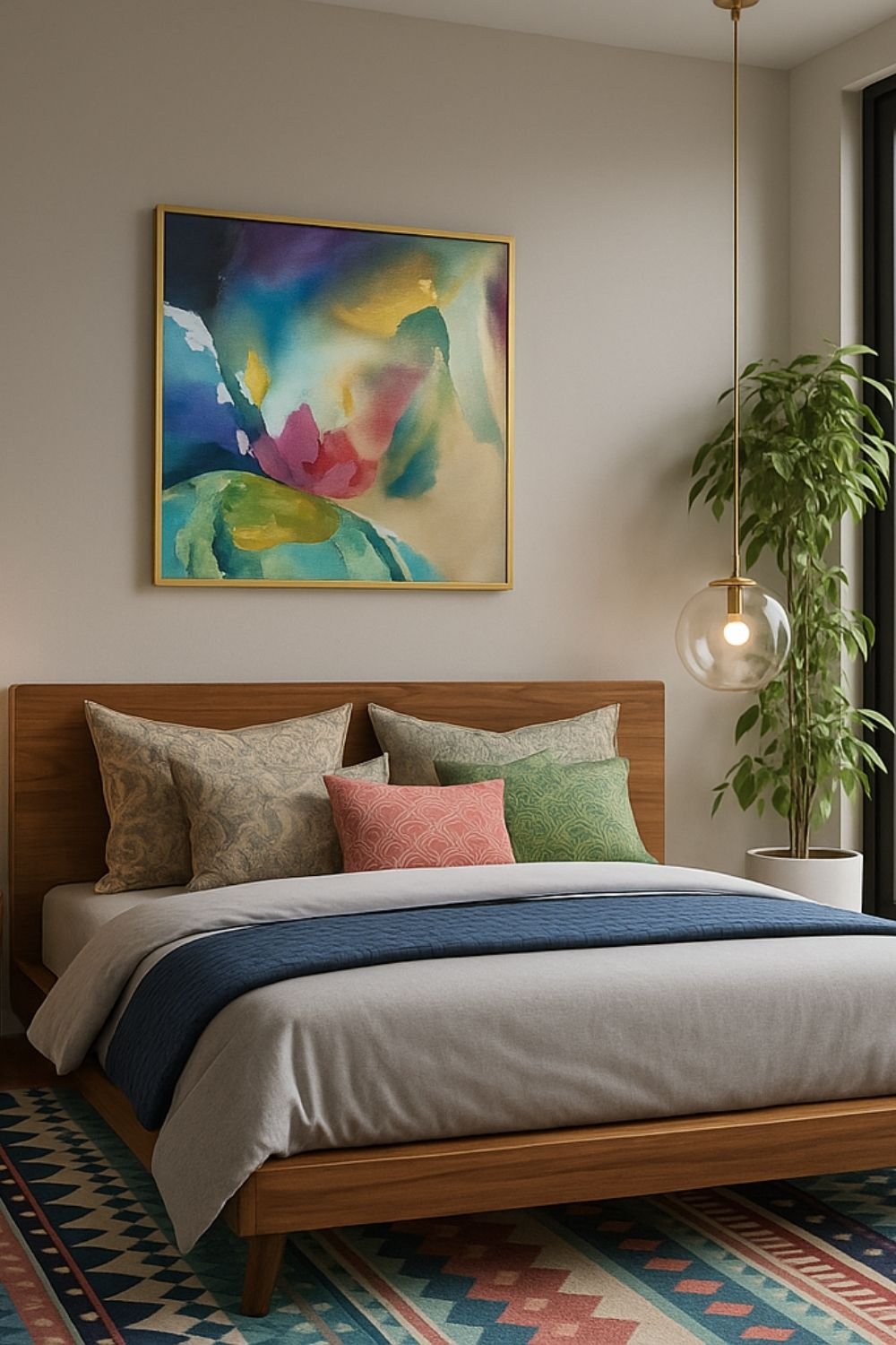 Clean, modern bedroom with colorful art and soft lighting after decluttering