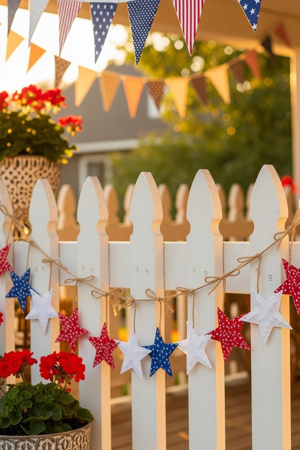 Red, white, and blue star-shaped garland hanging on a wall for 4th of July decoration.