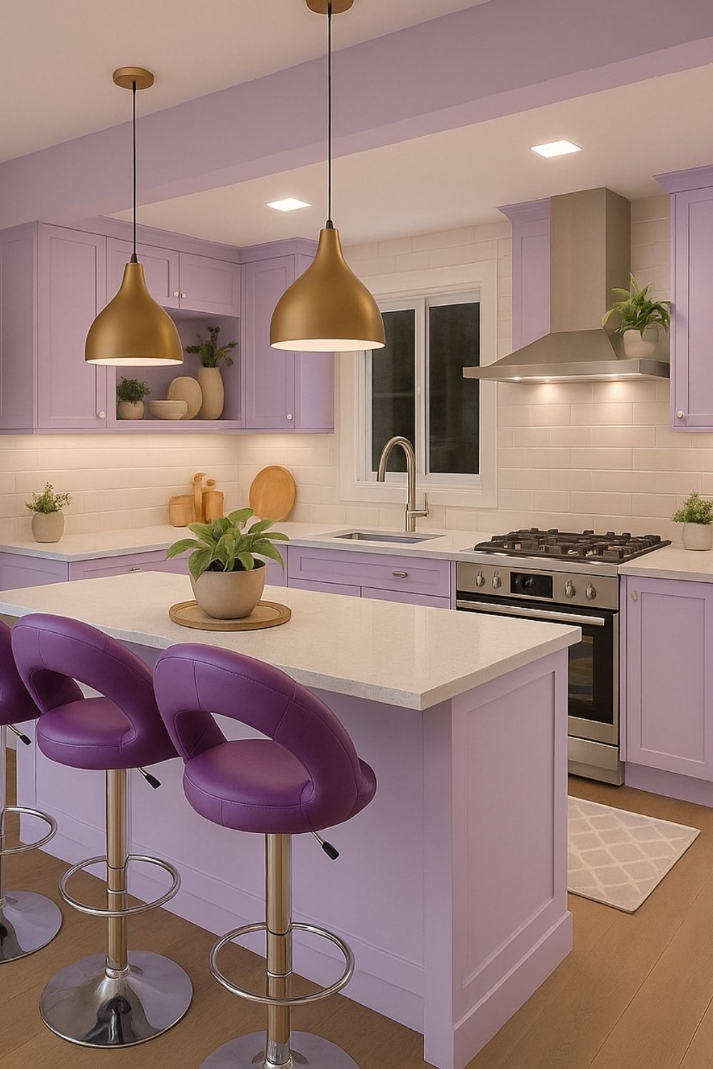 Soft lilac kitchen with berry-toned bar chairs and pendant lighting