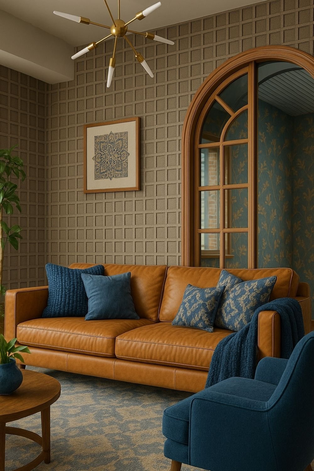Tan leather sofa with blue velvet chair in a warm-toned classic interior