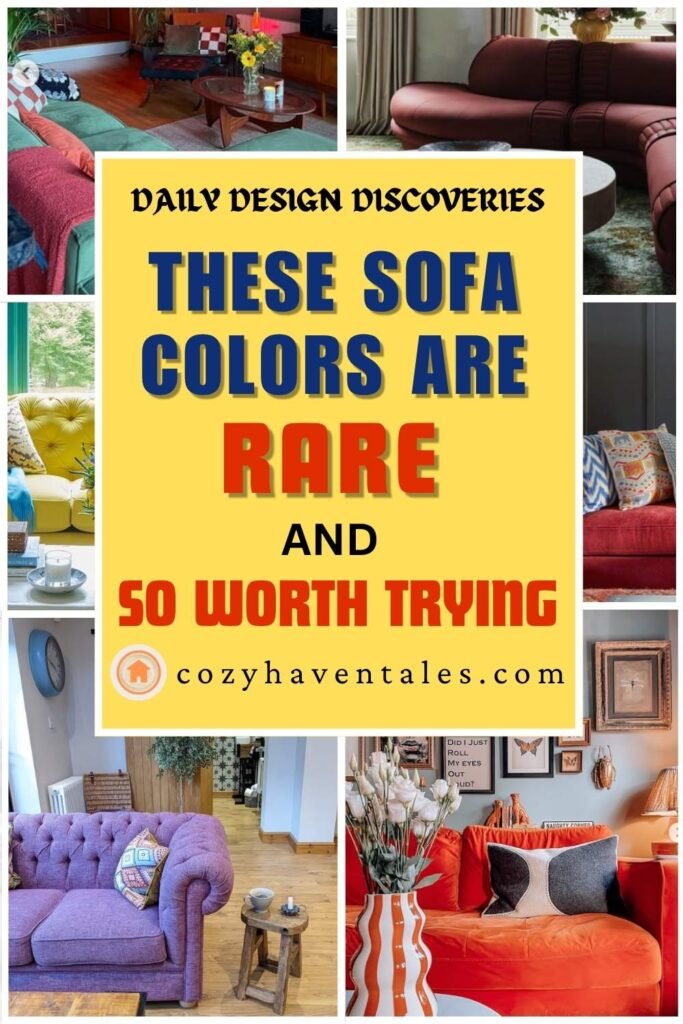 Vertical collage of sofas in unique colors like olive green, lemon yellow, lavender, and mint green styled in diverse home interiors