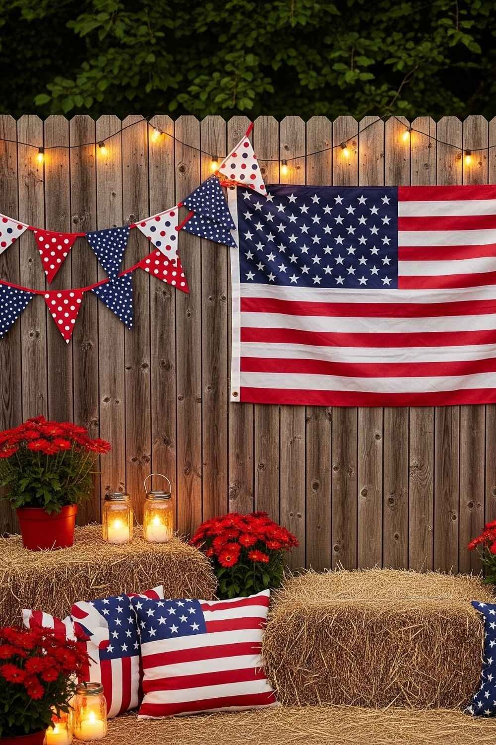 Wooden fence decorated with correctly placed American flags, solid-color garlands, string lights, and flowers.