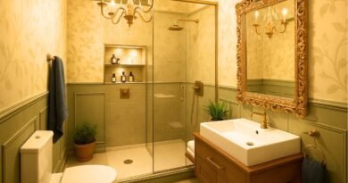 Warm-toned bathroom with glass shower partition, gold mirror frame, chandelier lighting, and elegant green panel walls