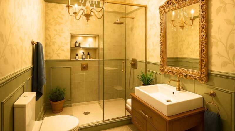 Warm-toned bathroom with glass shower partition, gold mirror frame, chandelier lighting, and elegant green panel walls