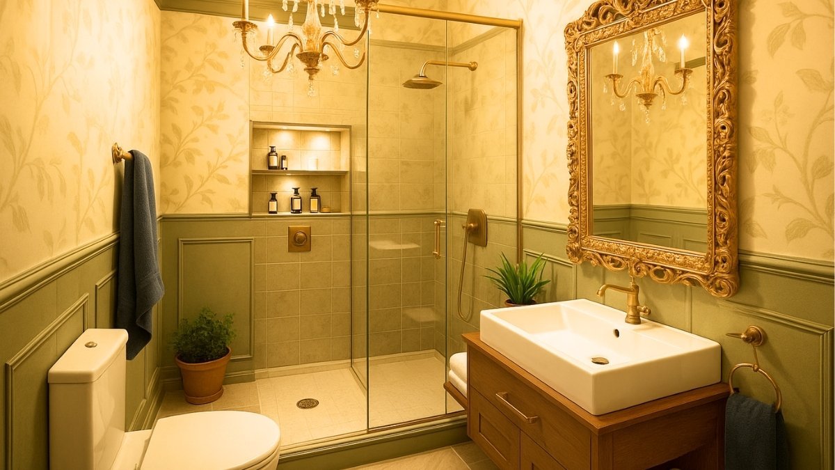 Warm-toned bathroom with glass shower partition, gold mirror frame, chandelier lighting, and elegant green panel walls
