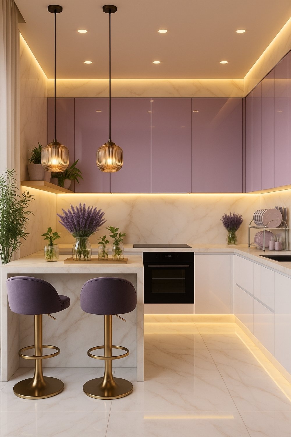 Mauve kitchen with golden bar stools and soft light