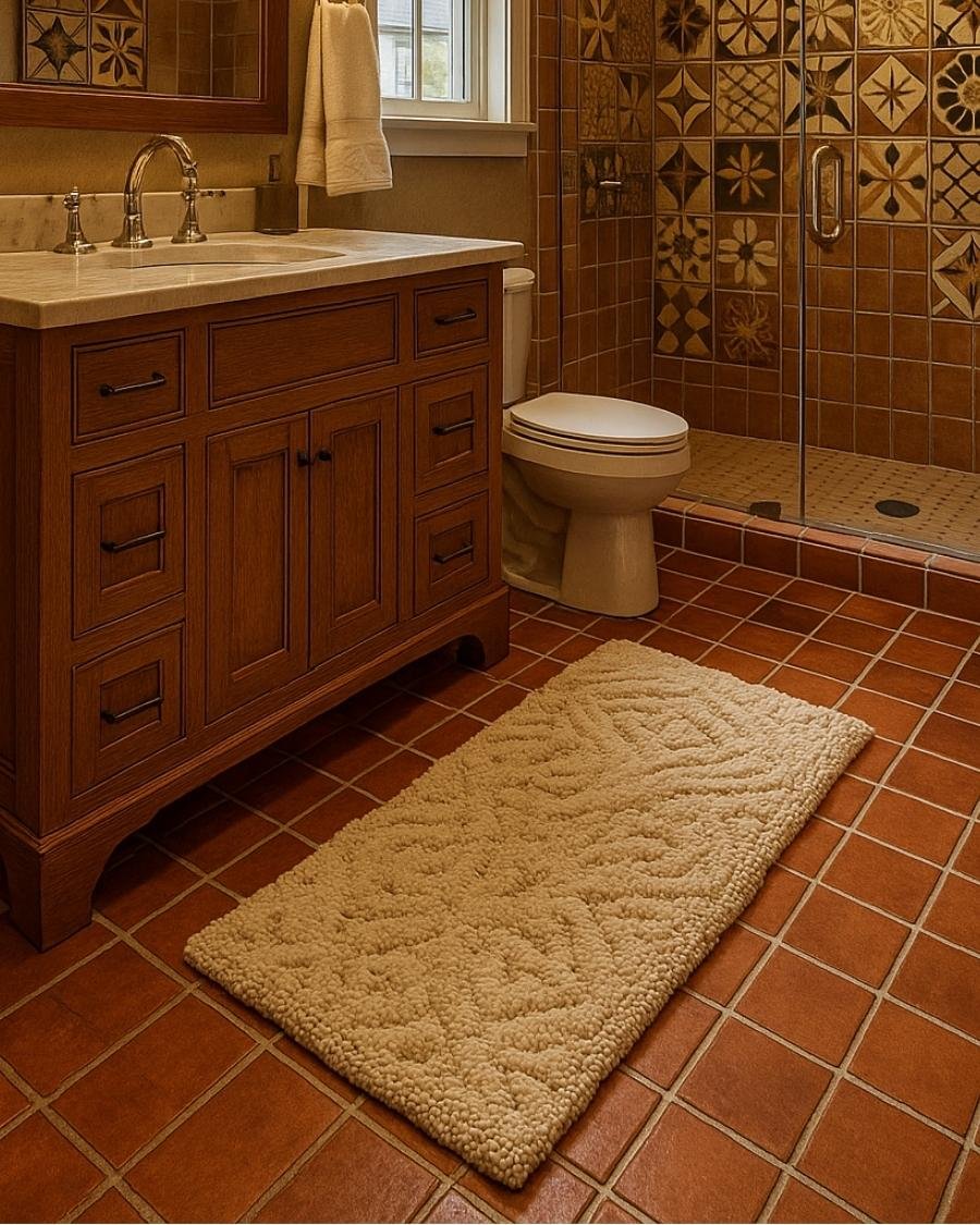 Earth-toned bathroom with a cozy cream rug and terracotta tile floor