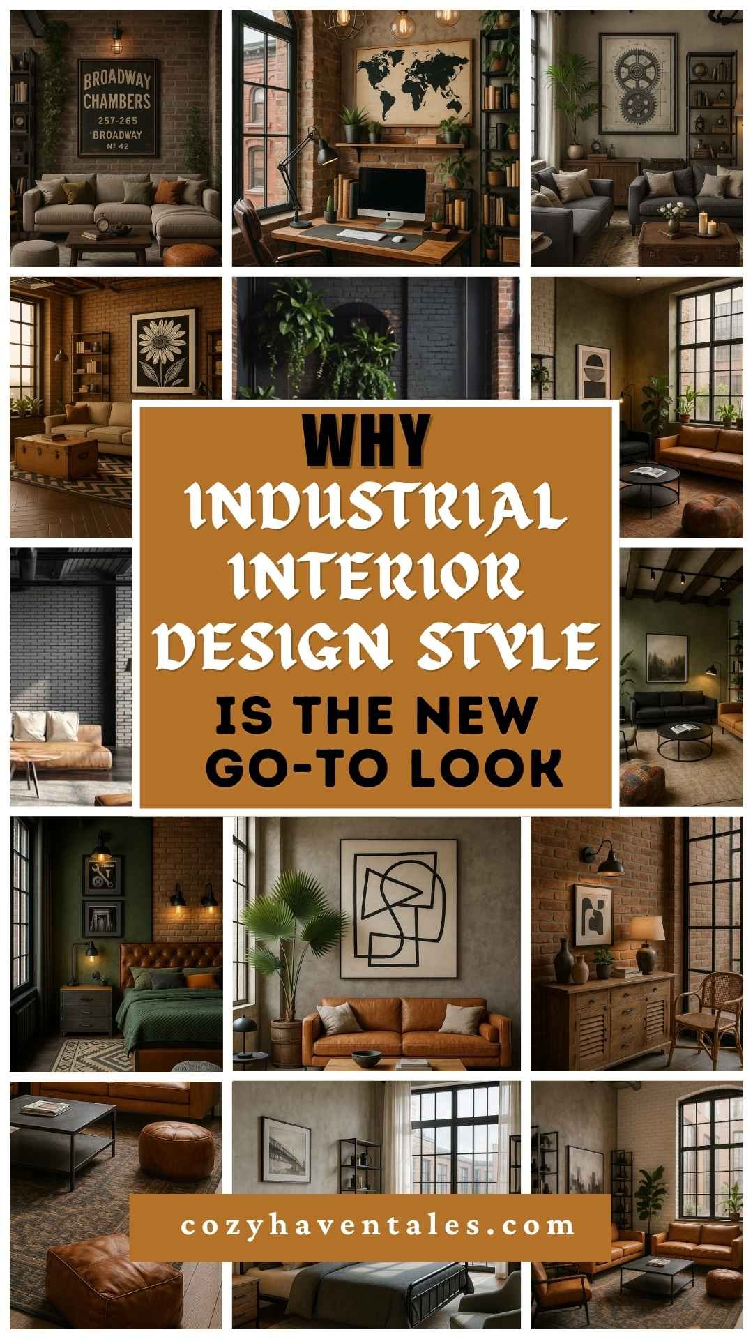 Pinterest collage showcasing industrial interior design style with exposed brick walls, metal accents, warm lighting, and raw textures.
