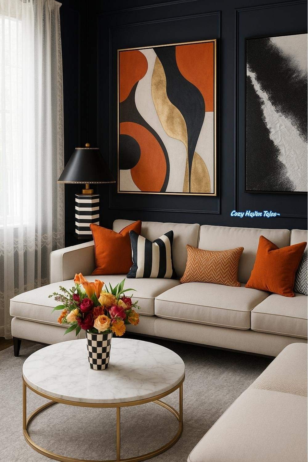 Modern living room with bold abstract art, orange cushions, and black-striped accents on a neutral sofa