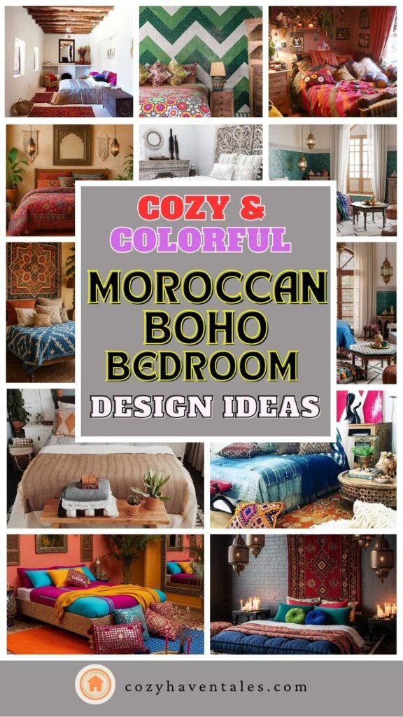 Collage of Moroccan boho bedroom design ideas featuring colorful textiles, lanterns, and carved decor accents