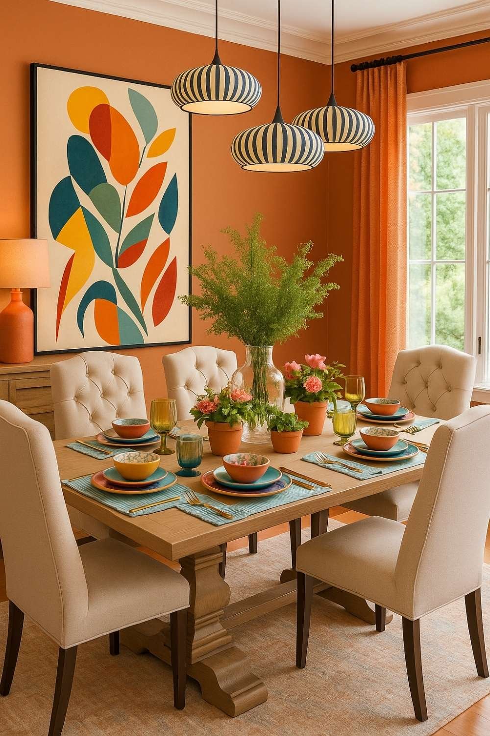 Dining room with colorful wall art, and orange-and-teal table settings