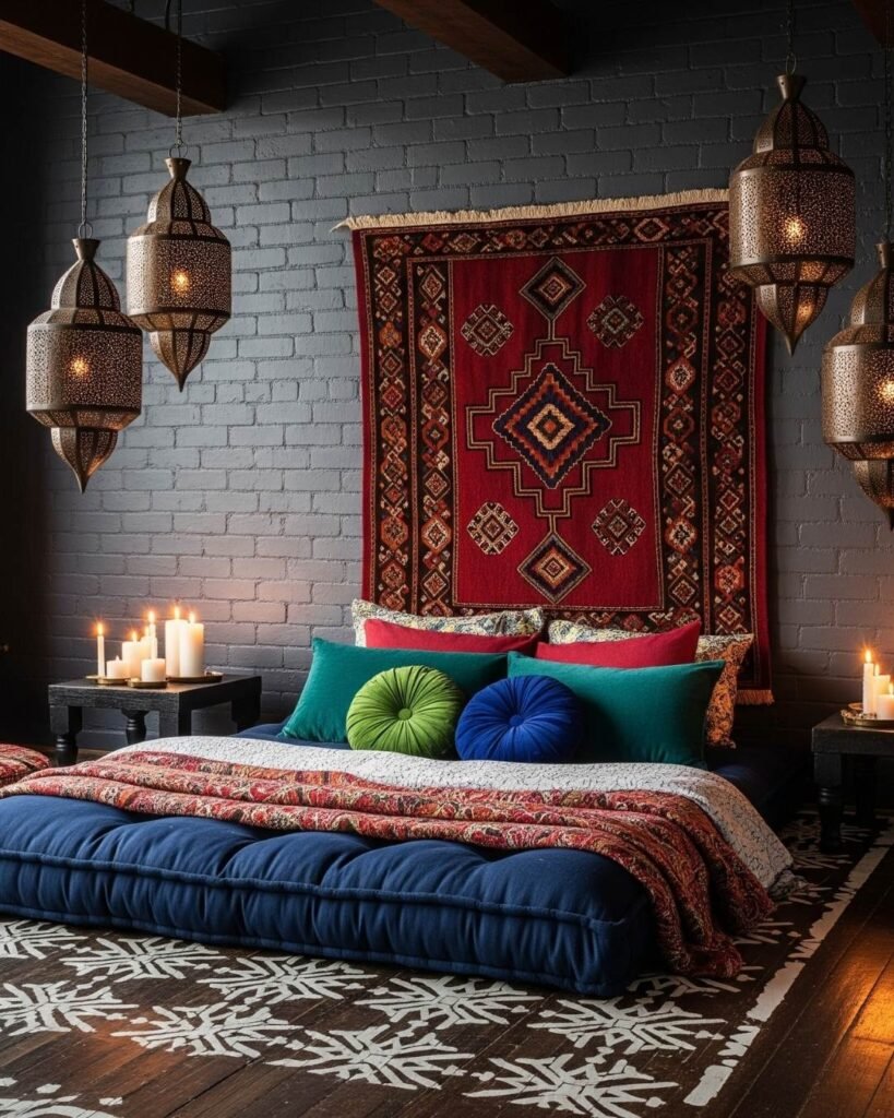 Low bed with jewel-toned cushions, tribal tapestry and hanging Moroccan lanterns in a dark moody bedroom