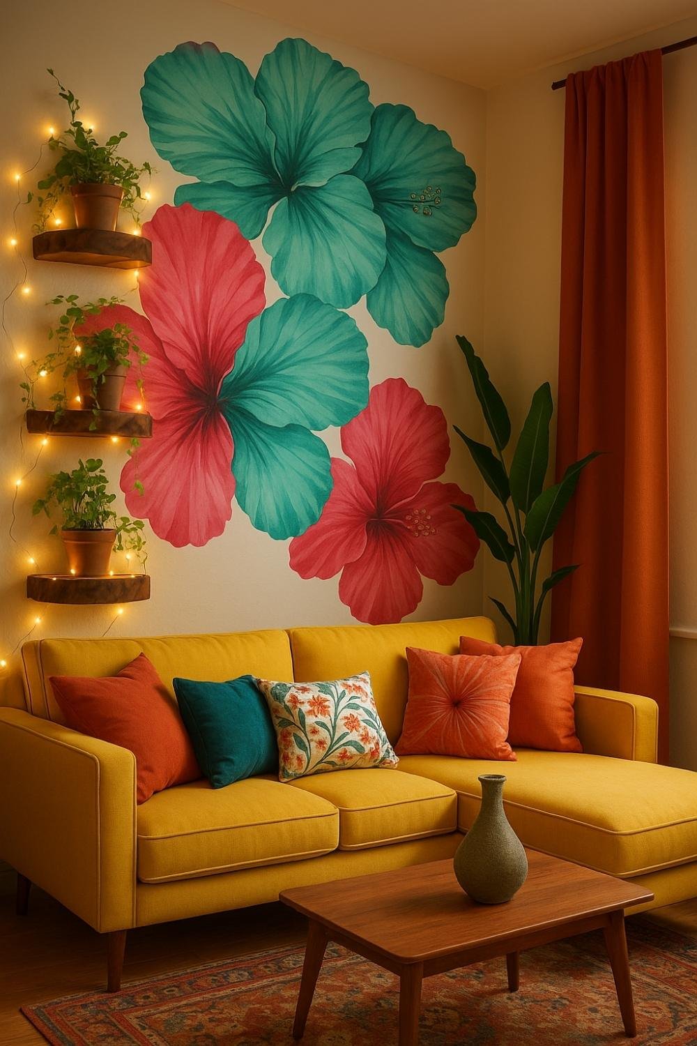 Colorful hibiscus wall mural behind a yellow sofa with layered cushions and warm lighting