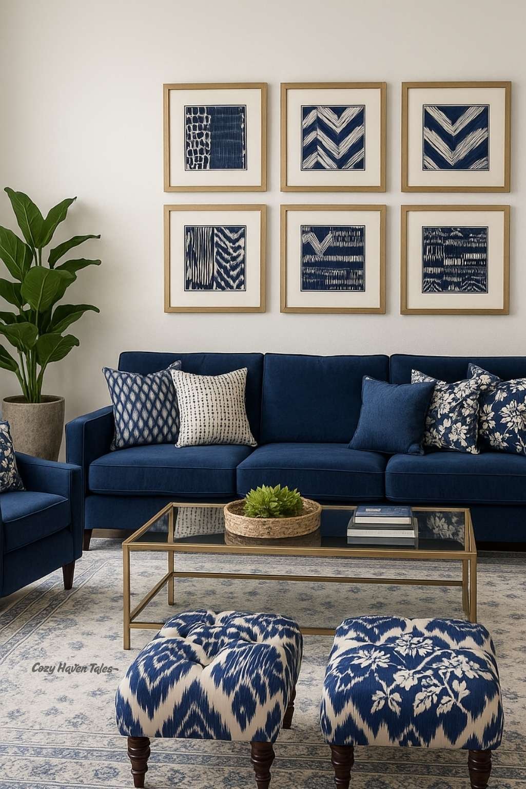 Blue patterned wall art and poufs demonstrating pattern in interior design