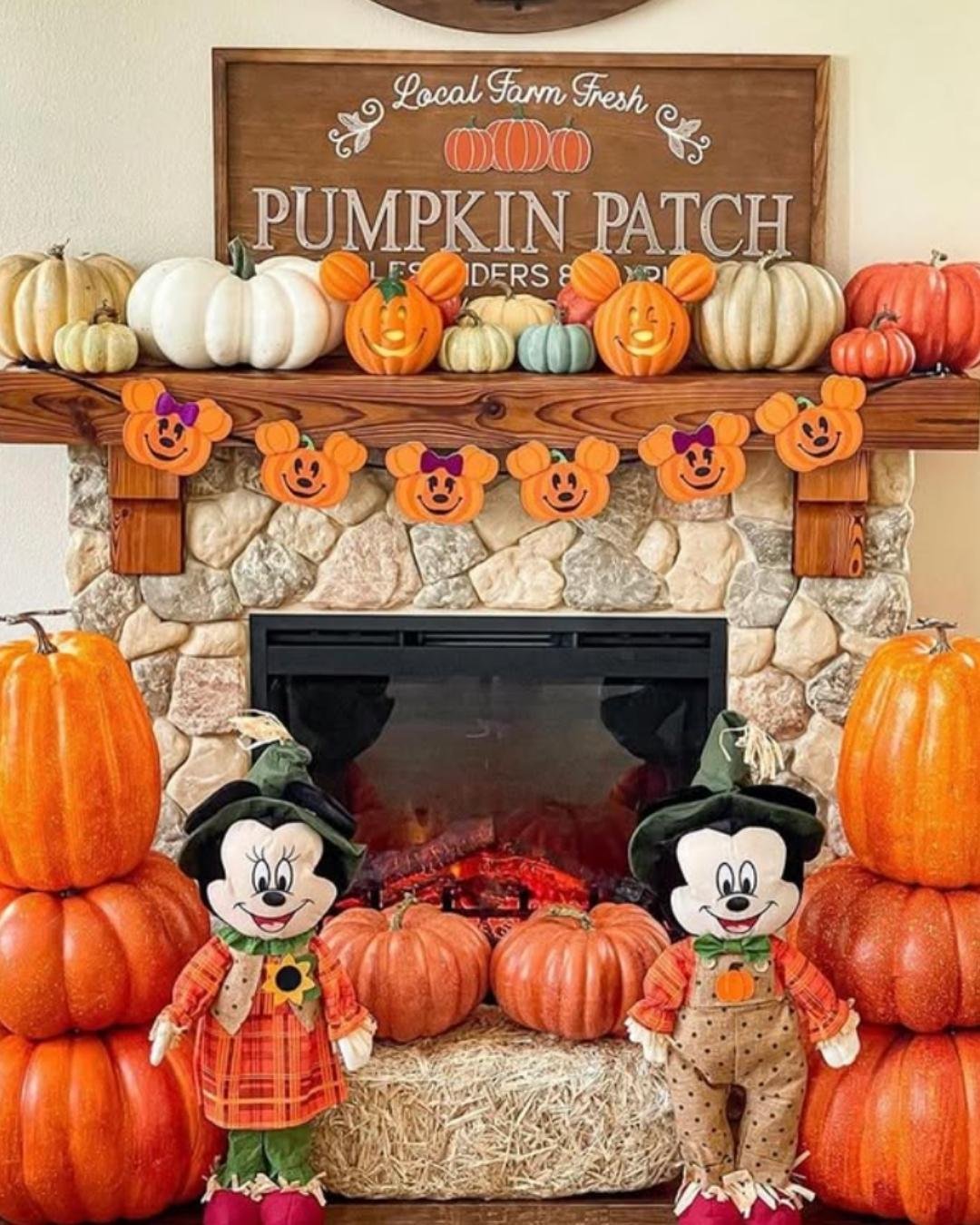 Playful fall mantel decorating ideas with stacked pumpkins, Mickey Mouse garland, and a pumpkin patch farmhouse sign.