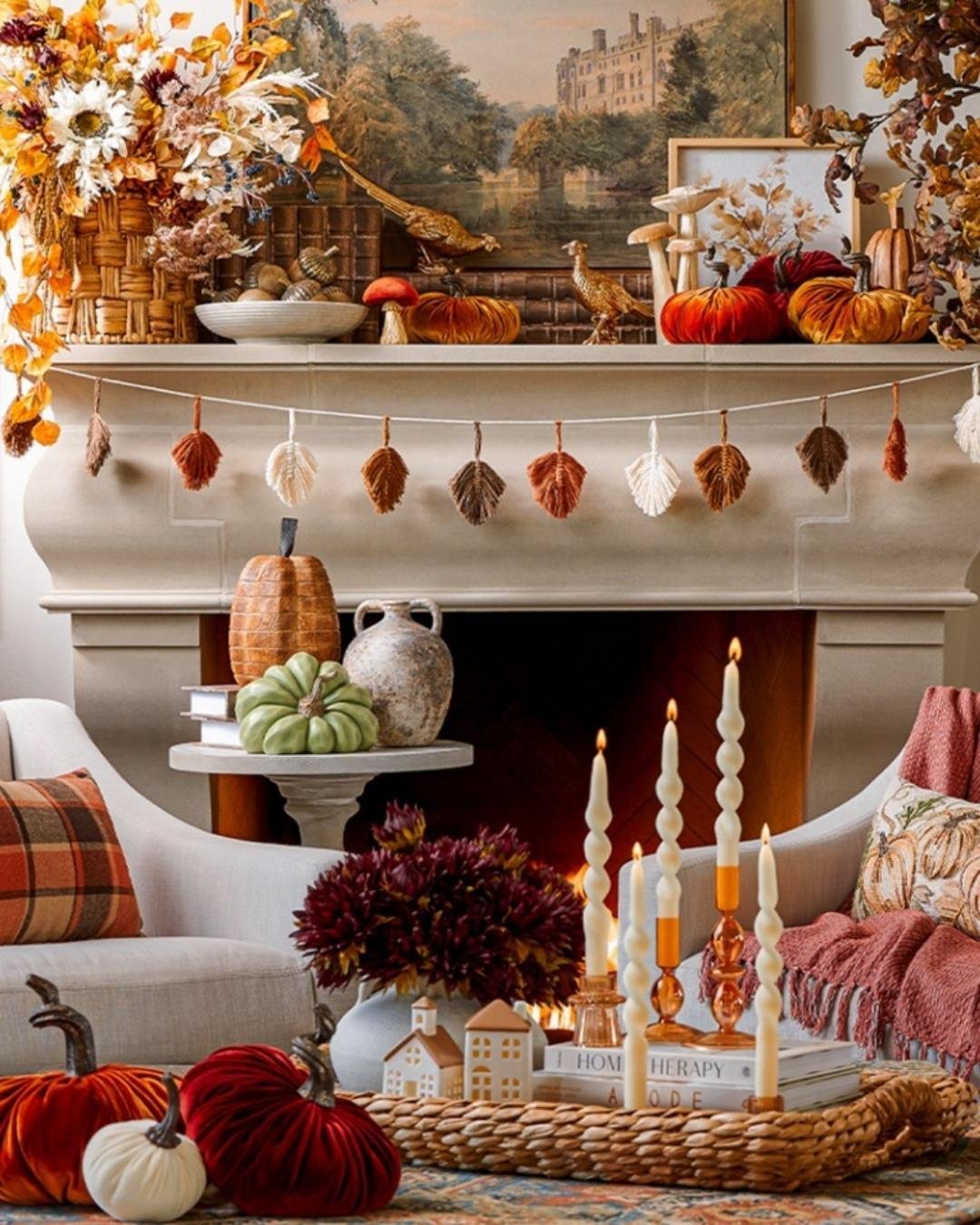 Cottage-style fall mantel decorating ideas with velvet pumpkins, fall florals, and rustic accessories.