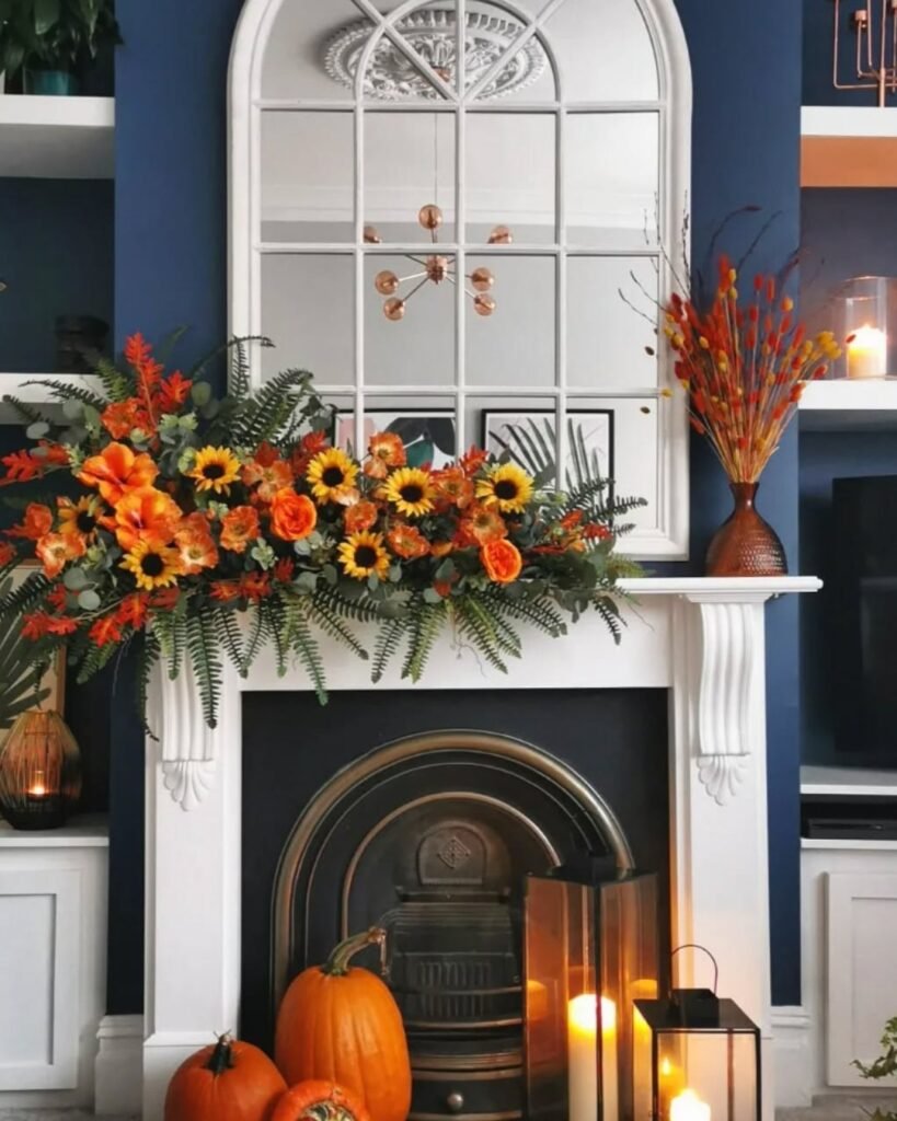 Fall mantel decorating ideas with bold orange florals, sunflowers, and a bright seasonal display against navy blue walls.