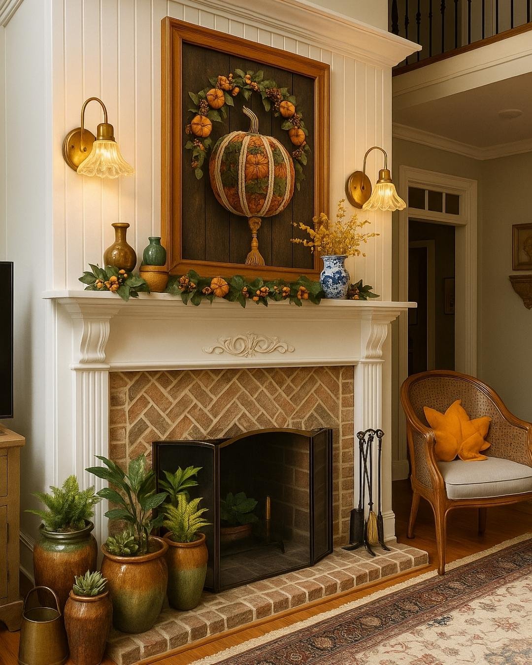 Fall mantel decor ideas with pumpkin artwork, brass sconces, earthy vases, and cozy fall pillows.