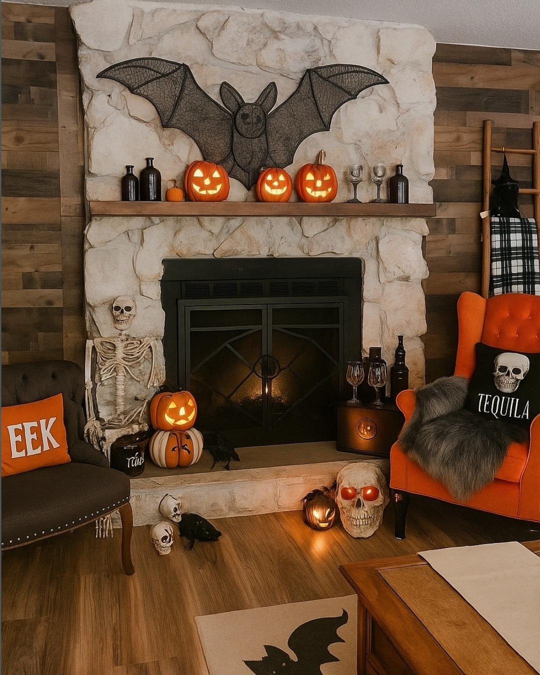 Halloween-inspired fall mantel decorating ideas with skeletons, jack-o’-lanterns, and spooky bat wall art.