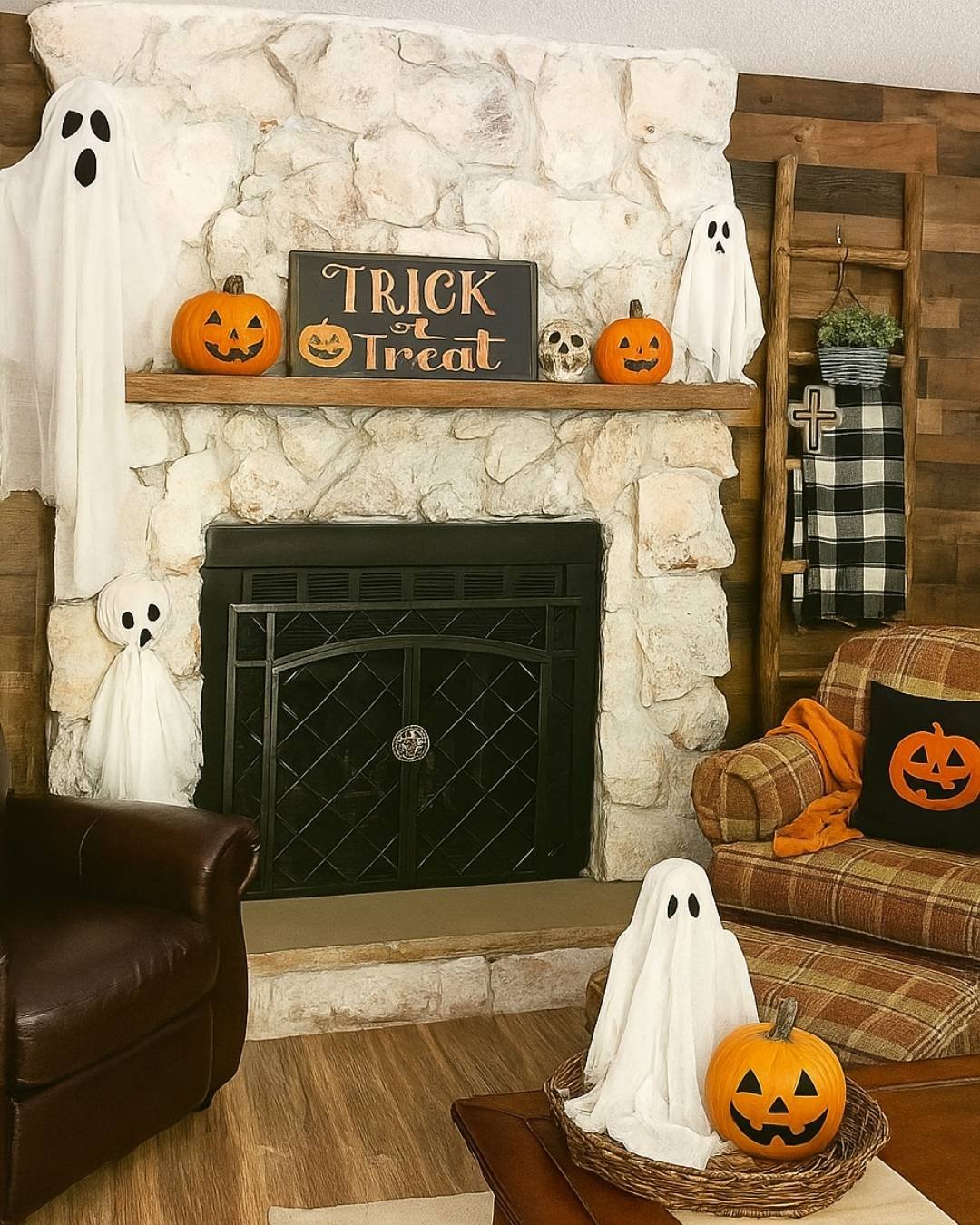 Fall mantel decorating ideas with DIY ghost decorations, pumpkins, and trick-or-treat Halloween accents.