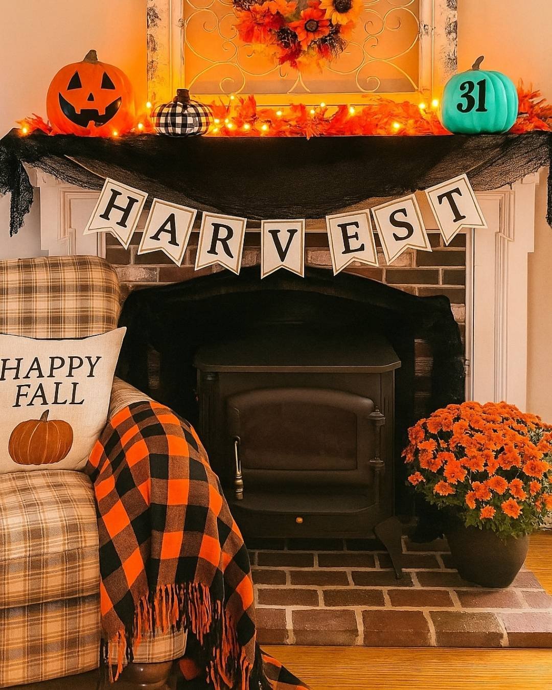 Fall mantel decorating ideas with HARVEST banner, jack-o’-lanterns, plaid throw blanket, and cozy orange accents.