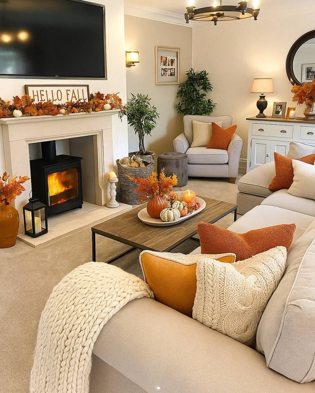 Warm fall mantel decorating ideas with a cream mantel, orange throw pillows, autumn garland, and cozy living room accents