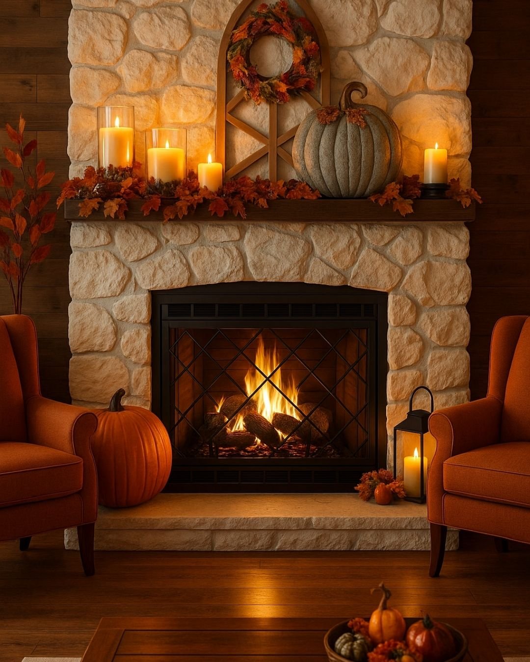 Rustic fall mantel decor ideas with a stone fireplace, cozy candlelight, and neutral pumpkins.