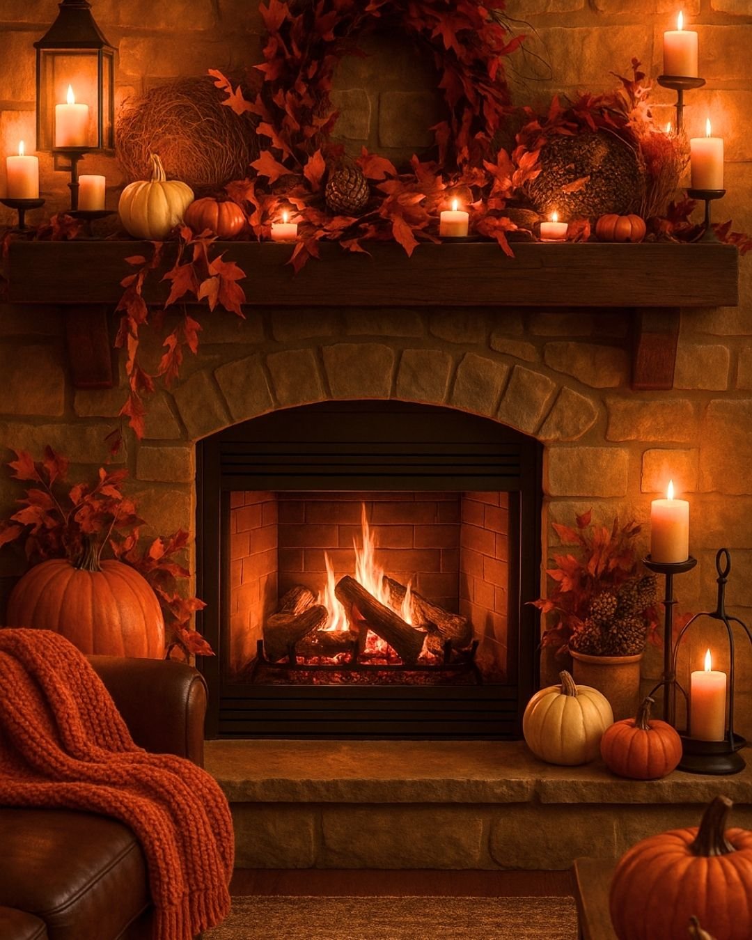 Cozy fall mantel decorating ideas with glowing candles, deep stone textures, and soft pumpkin accents.