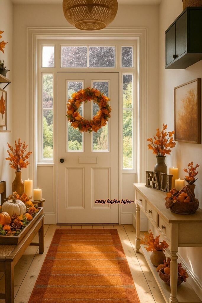 Bright and welcoming front entryway decorated using an orange wreath, pumpkins, and cozy autumn accents.