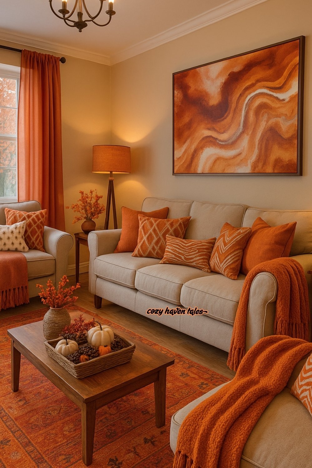 Fall home decor in a cozy living room featuring orange cushions, a warm throw, pumpkins, and natural wood tones.