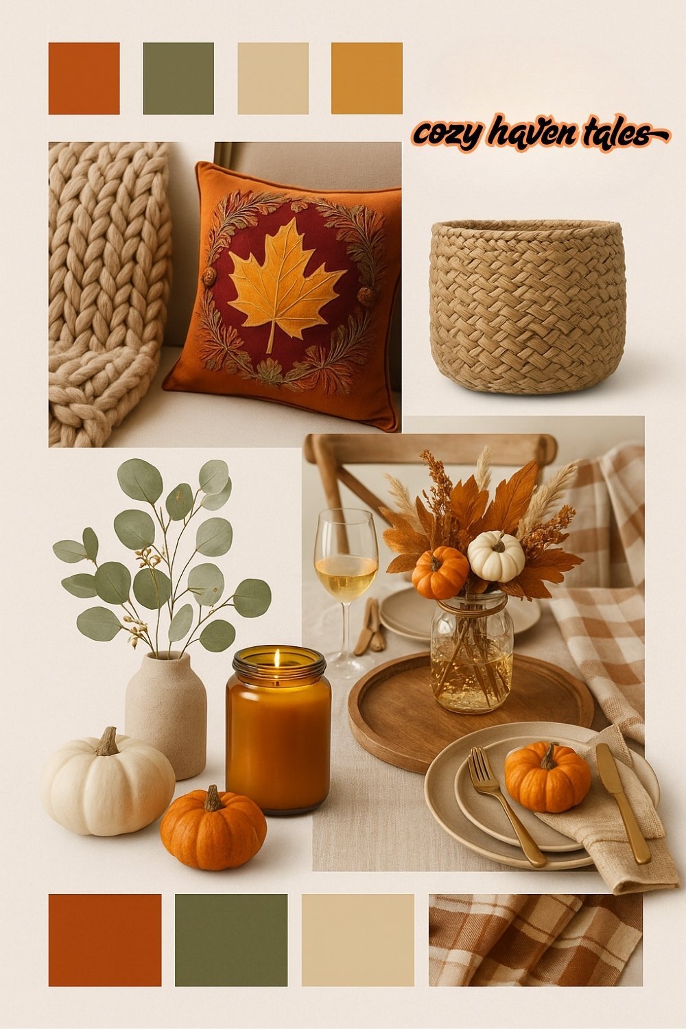 A fall home decor mood board with warm tones, velvet cushions, candles, pumpkins, and cozy textures for seasonal styling.