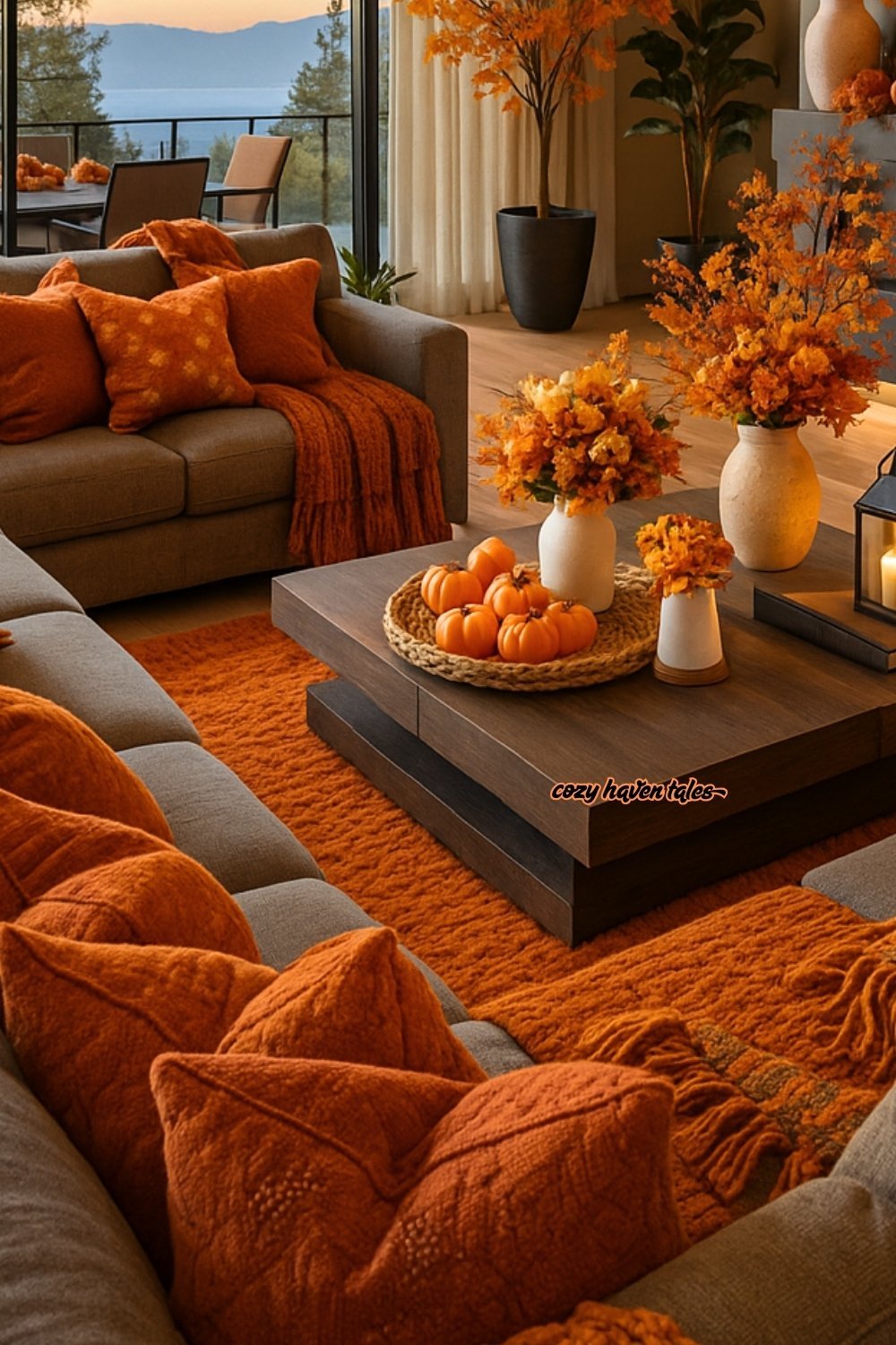 Cozy corner fall home decor with plush seating, orange accents, and a styled coffee table centerpiece with pumpkins.