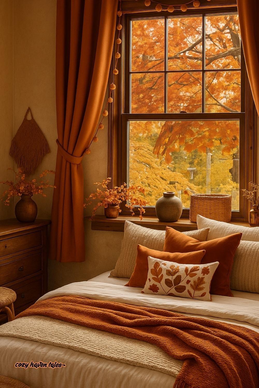 Fall home decor with a window nook styled with burnt orange pillows, autumn leaves outside, and cozy warm lighting.