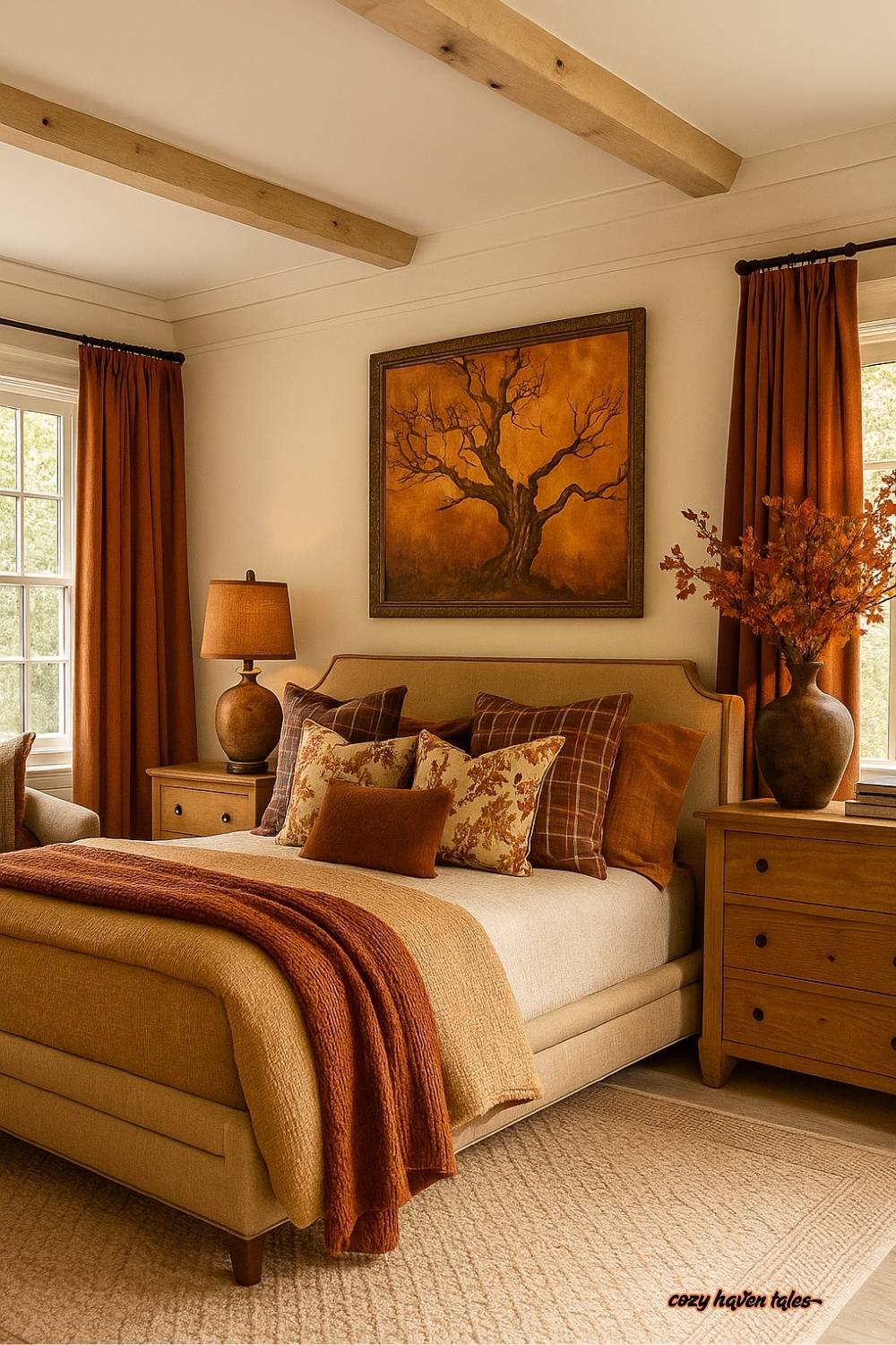 Warm fall home decor in a bedroom with autumn tones, soft bedding, throws, and seasonal artwork.