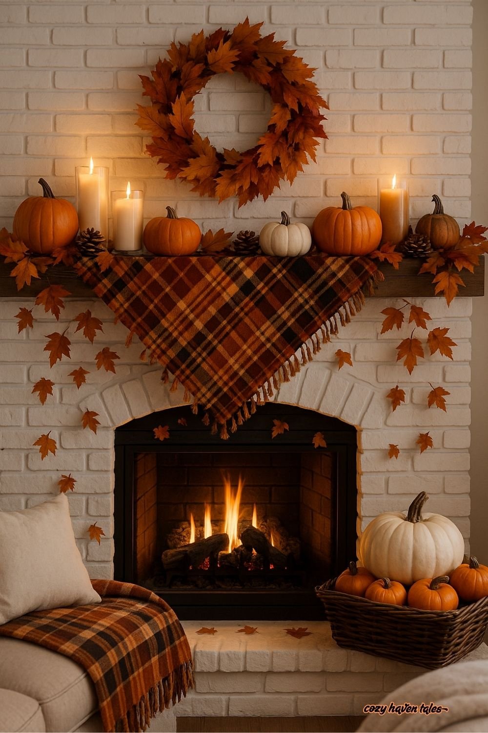 Fall home decor on a fireplace mantel with a wreath, pumpkins, autumn leaves, and soft candlelight.