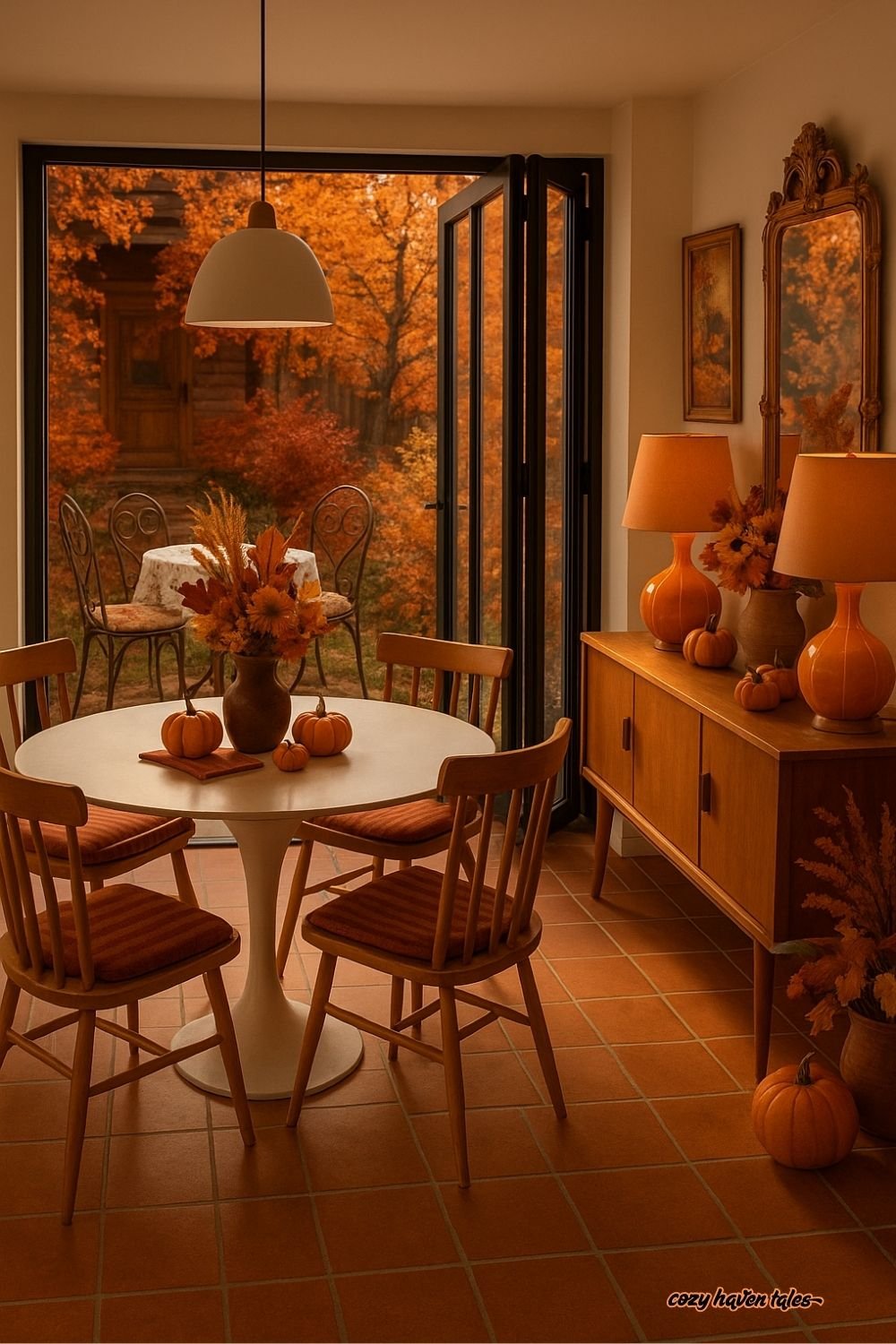 Fall home decor in a dining nook with pumpkin table decor, warm lighting, and seasonal touches by the window.