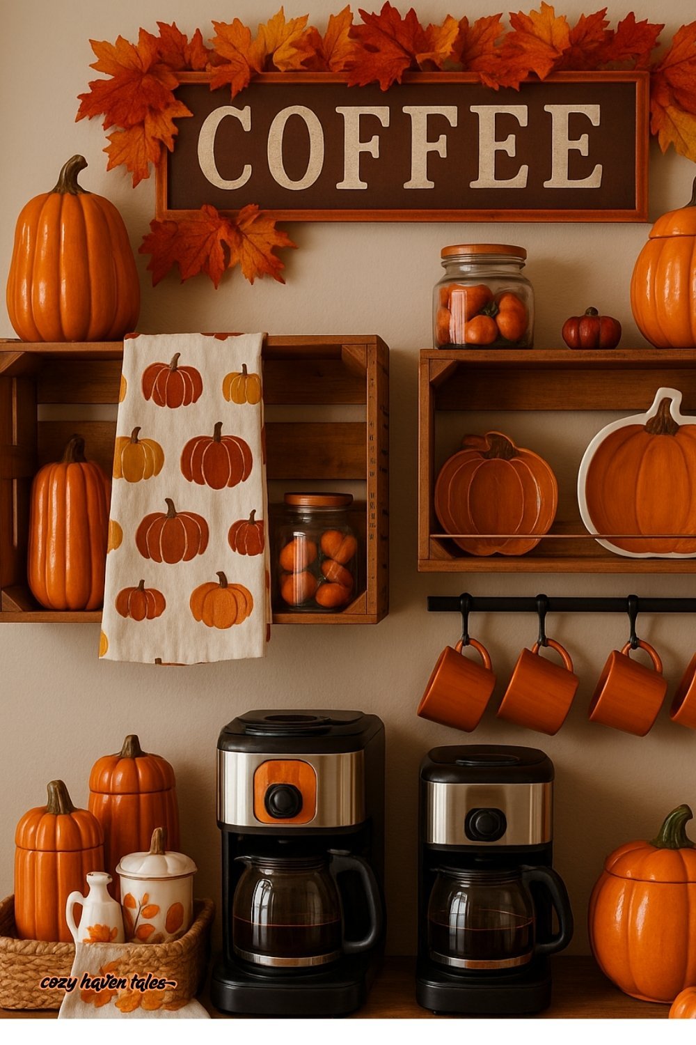 Fall home decor in a coffee corner with pumpkins, autumn leaves, and cozy mugs styled on shelves.