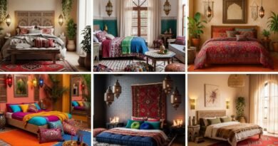 Warm and colorful Moroccan boho bedroom with layered textiles, carved headboard, and cozy accents