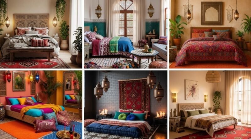 Warm and colorful Moroccan boho bedroom with layered textiles, carved headboard, and cozy accents