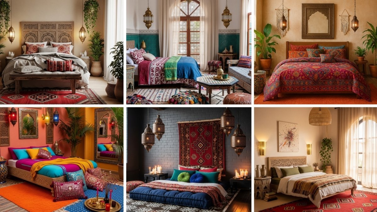 Warm and colorful Moroccan boho bedroom with layered textiles, carved headboard, and cozy accents