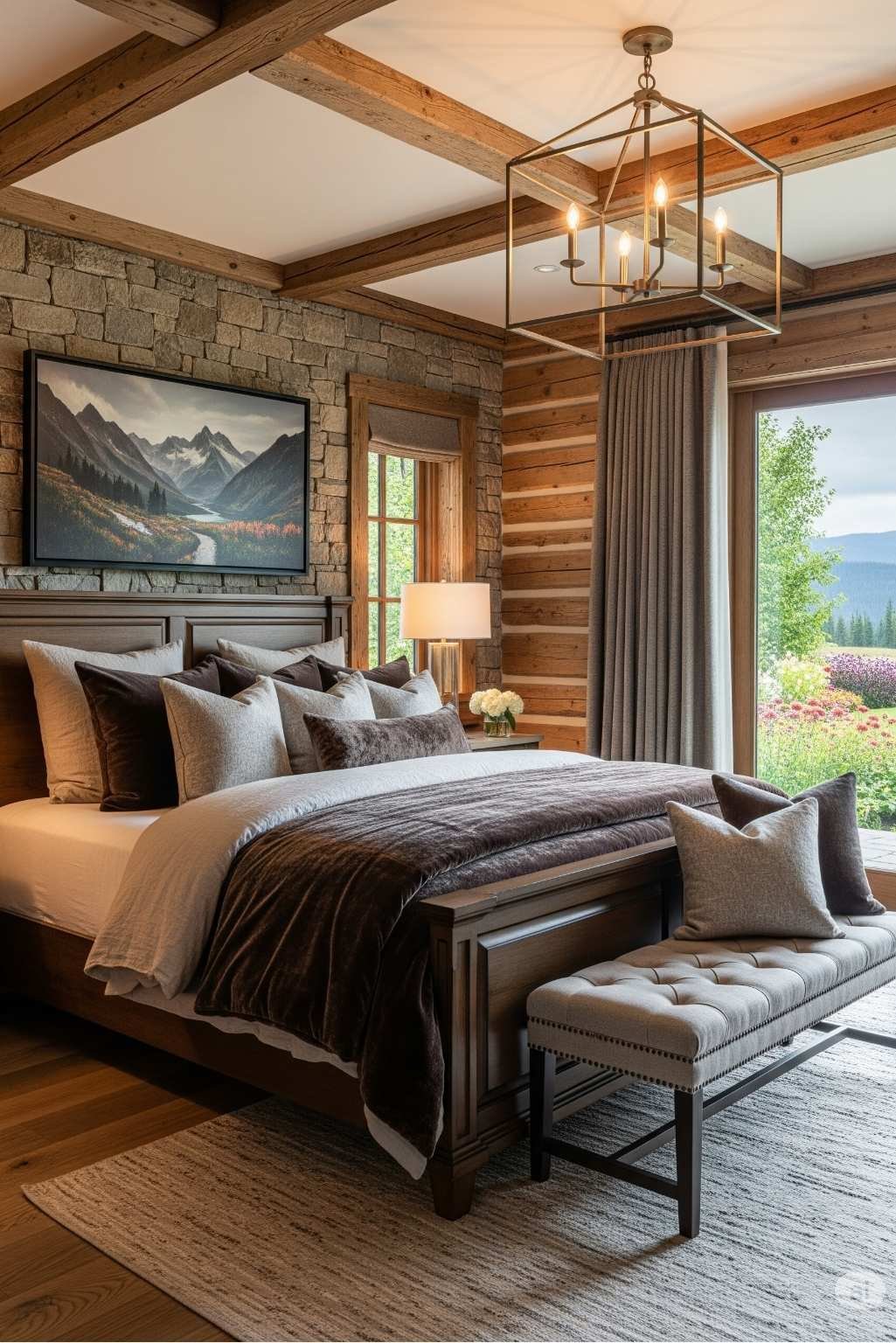 Rustic bedroom with wood beams, stone accent wall, and elegant bedding in neutral tones.