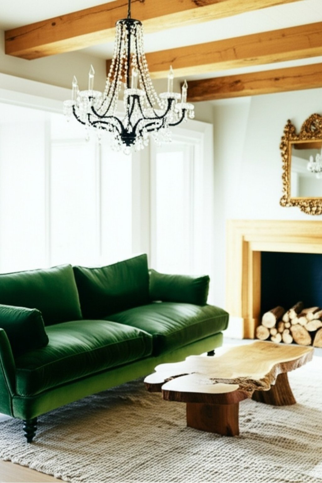 Bright rustic living room with green velvet sofa, wood ceiling beams, and modern chandelier.