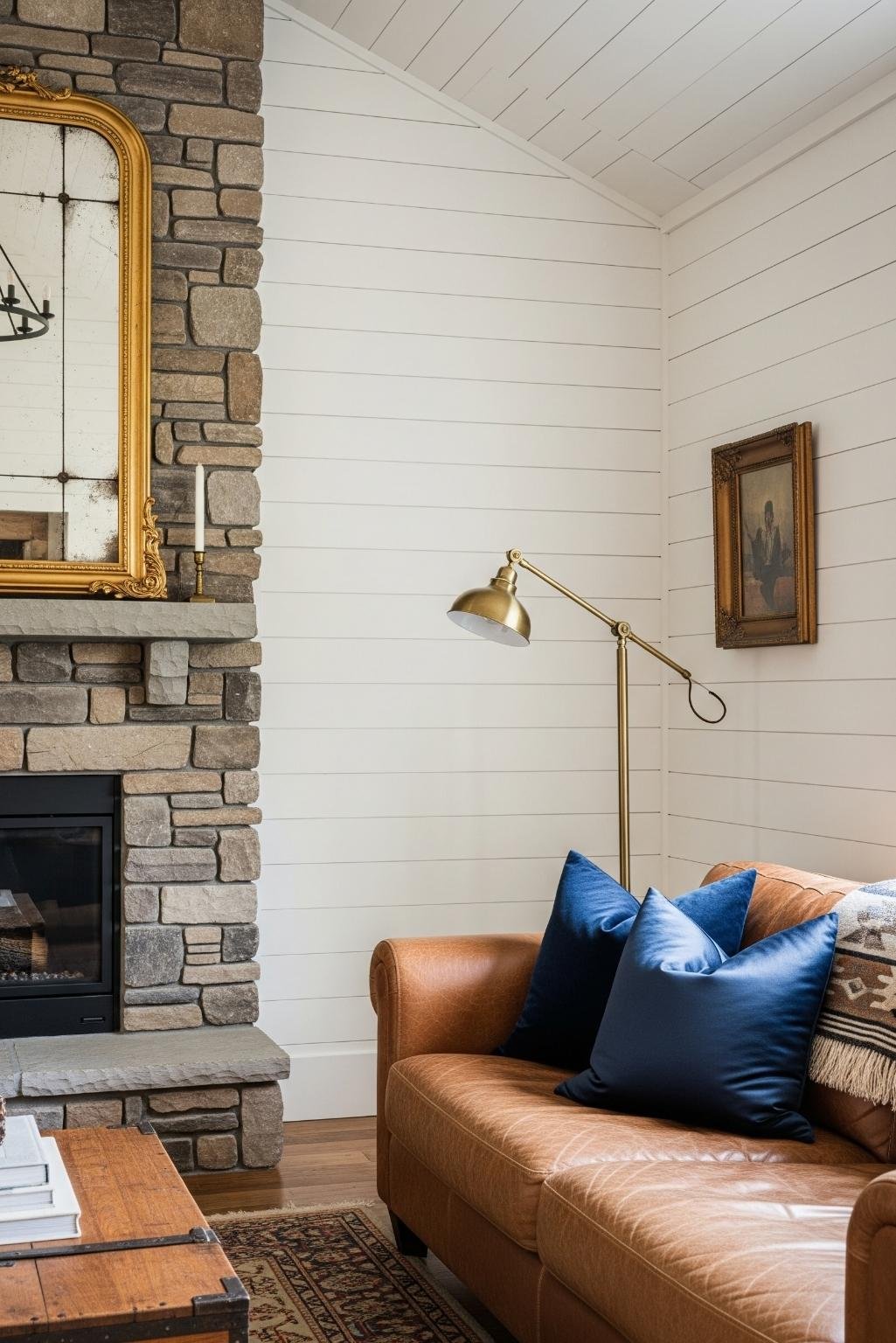 Small rustic sitting area with brown leather sofa, white shiplap walls, and navy throw pillows.