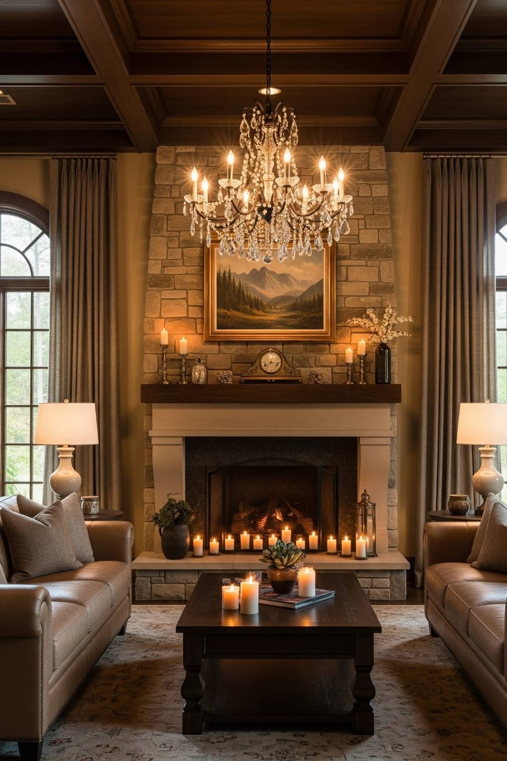 Grand rustic-elegant living room with chandelier, stone fireplace, and symmetrical sofas.