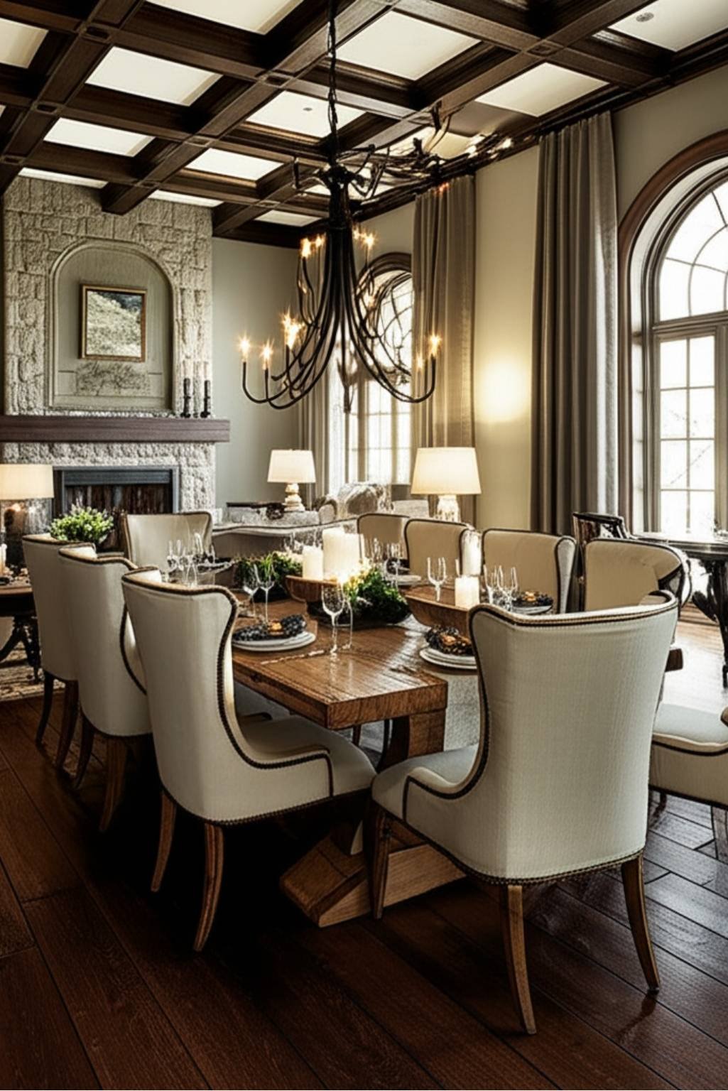 Rustic luxury dining room with coffered ceiling, antler chandelier, and upholstered chairs.