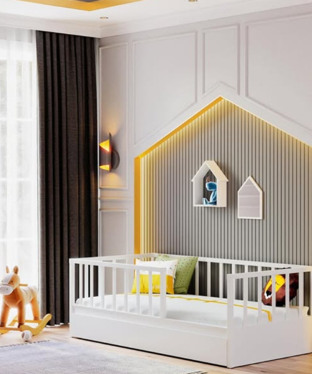 Montessori modern bedroom with yellow backlit wall and house-bed frame