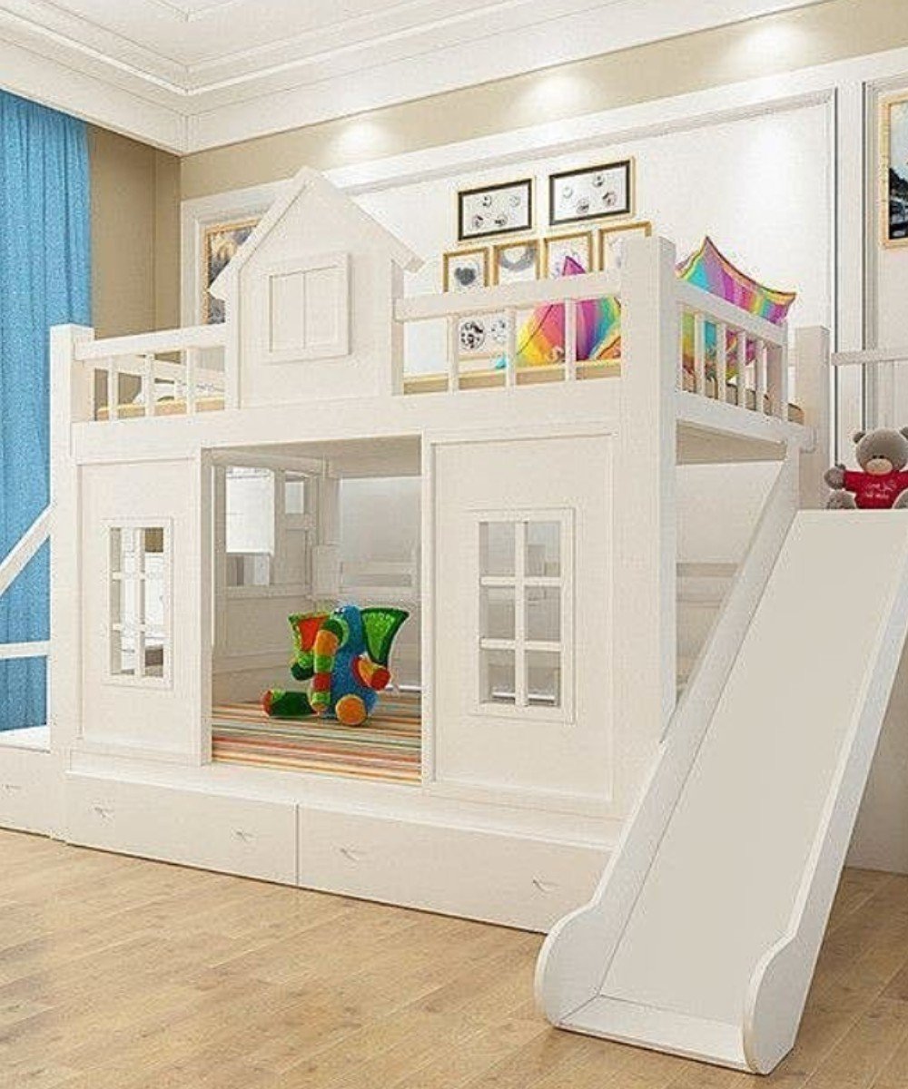 Montessori bunk bed shaped like a house with a slide and indoor play area