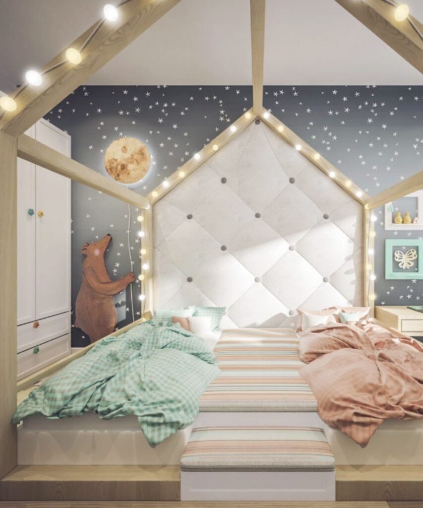 Montessori shared bedroom with house-frame beds, stars, and warm lighting