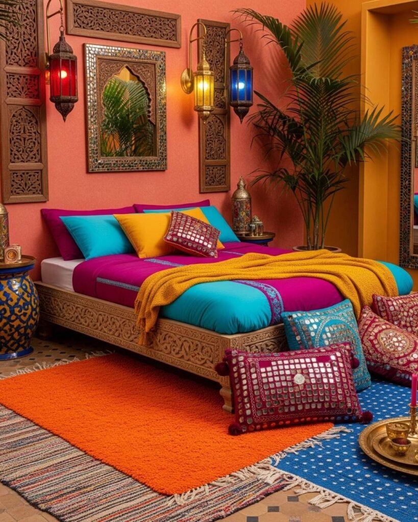 Bright colors like fuchsia, turquoise, and mustard used for bedding, ornate wall mirrors, and hanging lanterns.