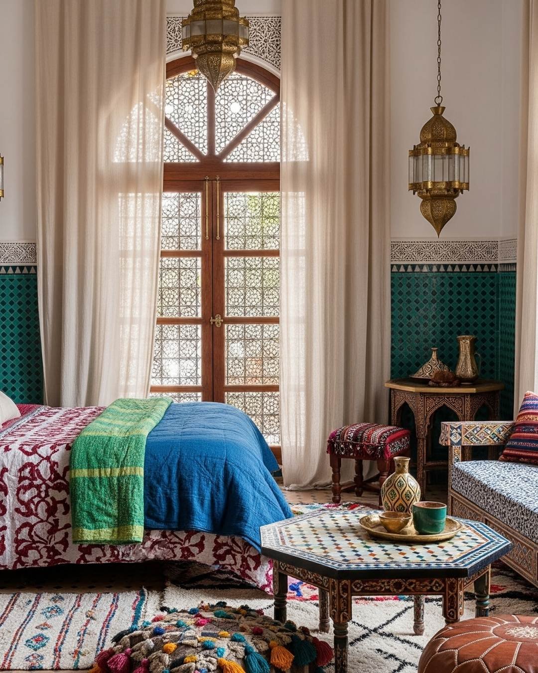 Elegant decor with teal wall tiles, carved wood furniture, blue and red bedding, and a mosaic coffee table.